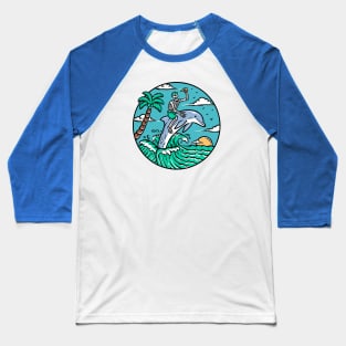 Funny Cartoon Skeleton Riding a Dolphin Baseball T-Shirt